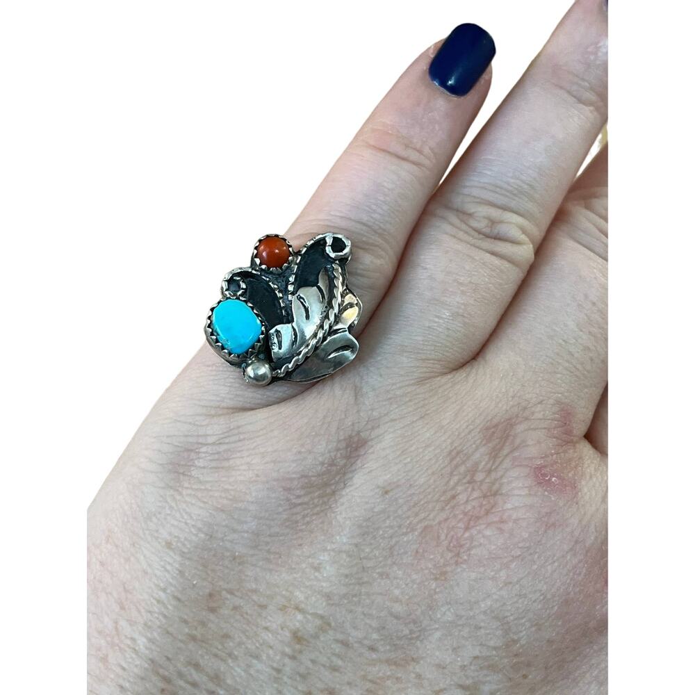 Vintage sterling silver turquoise and coral Native American ring size 5.5 - Picture 2 of 9